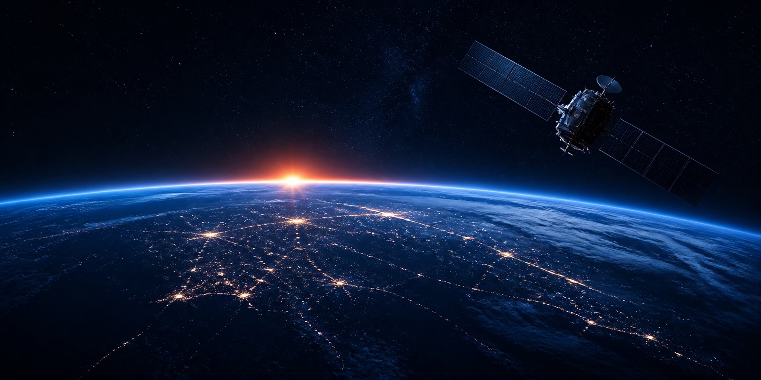 Satellite orbiting Earth at sunrise with city lights below, representing the NASA SEWP VI contract vehicle